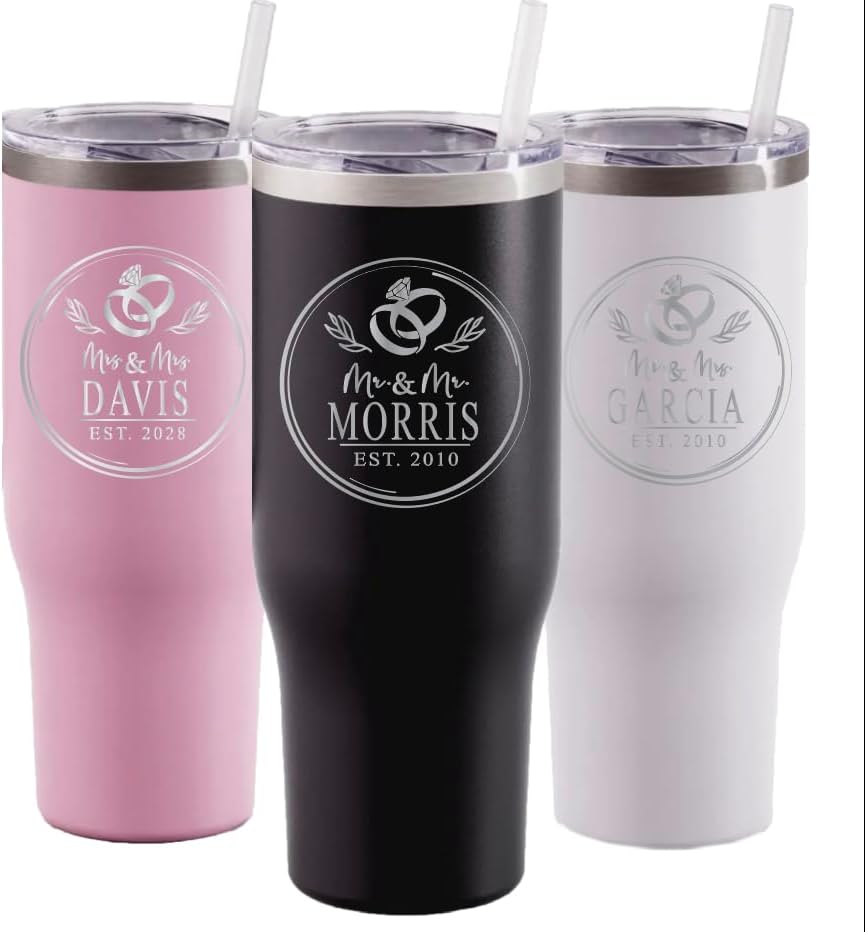 AVITO Personalized Circle Rings Tumbler - Laser Engraved - Stainless Steel - Vacuum insulated - Wedding Tumbler - Wedding Gift - Personalized Engagement Gifts - Newly Engaged (40 oz)