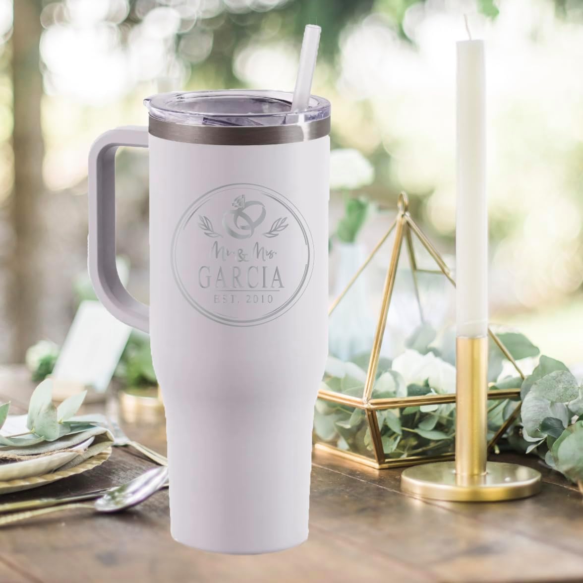 AVITO Personalized Circle Rings Tumbler - Laser Engraved - Stainless Steel - Vacuum insulated - Wedding Tumbler - Wedding Gift - Personalized Engagement Gifts - Newly Engaged (40 oz)