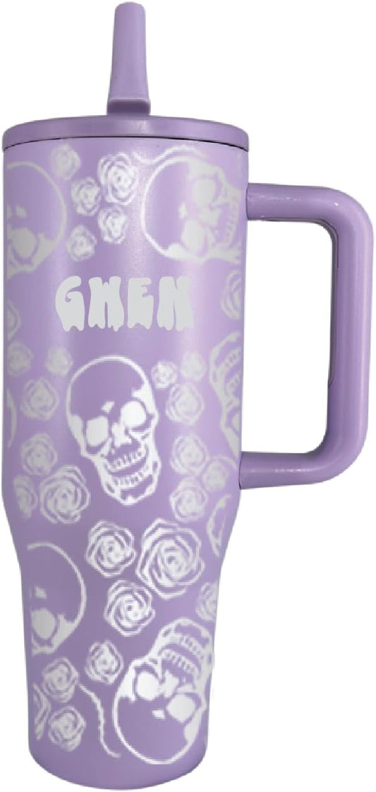 40 oz Personalized Skull and Rose Tumbler - Laser Engraved