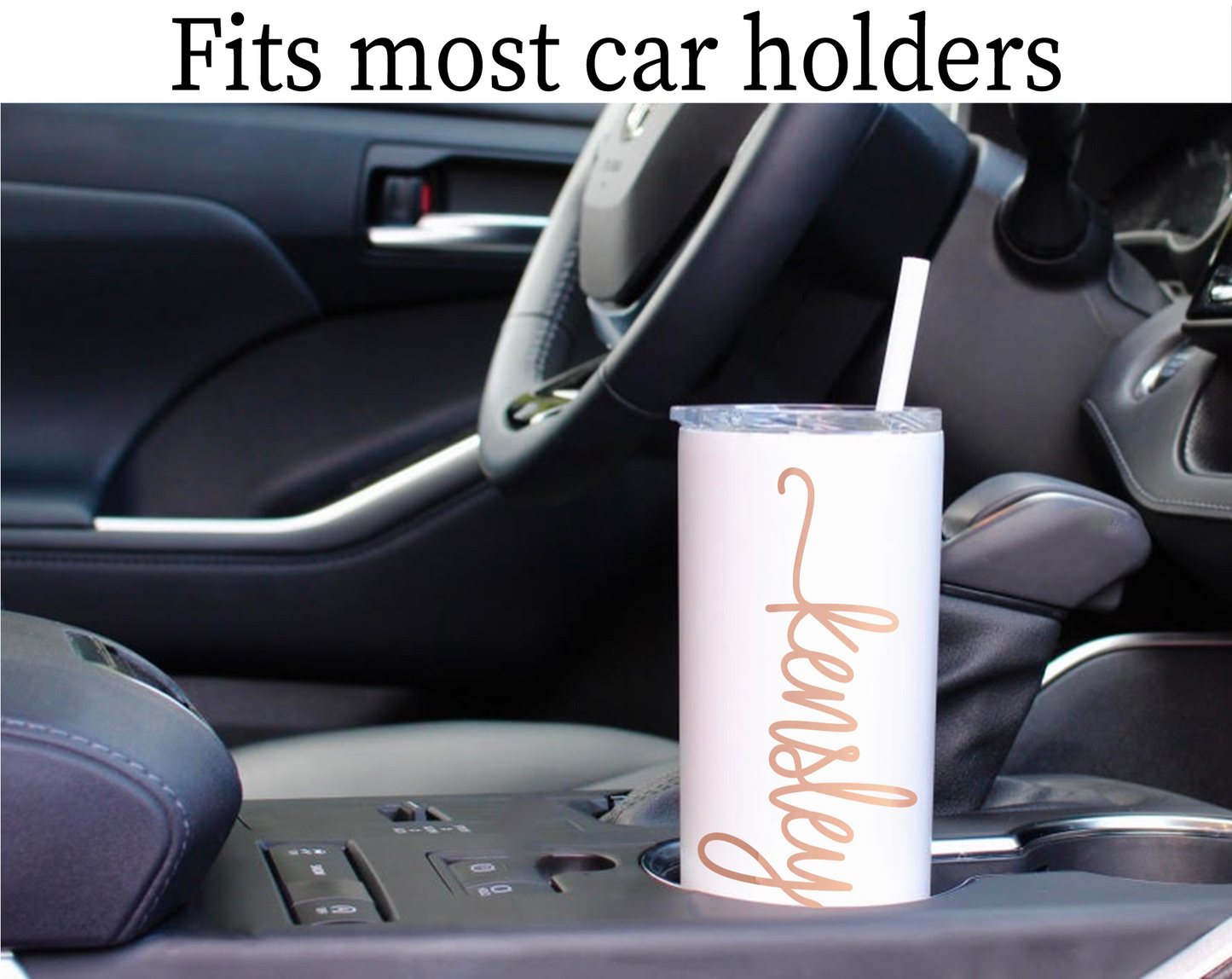 Vaso delgado de acero inoxidable de 20 oz con calcomanía personalizada con el nombre en forma de remolino en vinilo ópalo o cromado