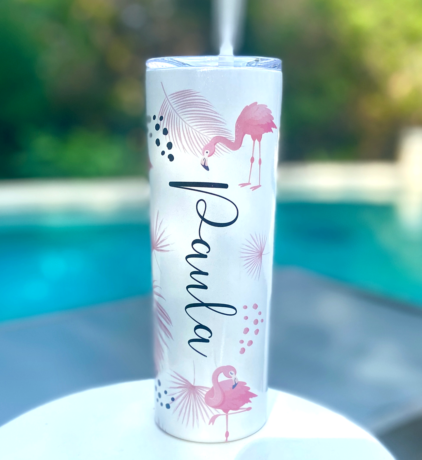 Vaso de vacaciones personalizado con flamencos de 20 oz
