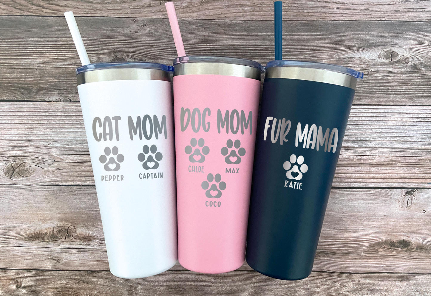 22 oz Personalized Fur Mom Tumbler - Laser Engraved