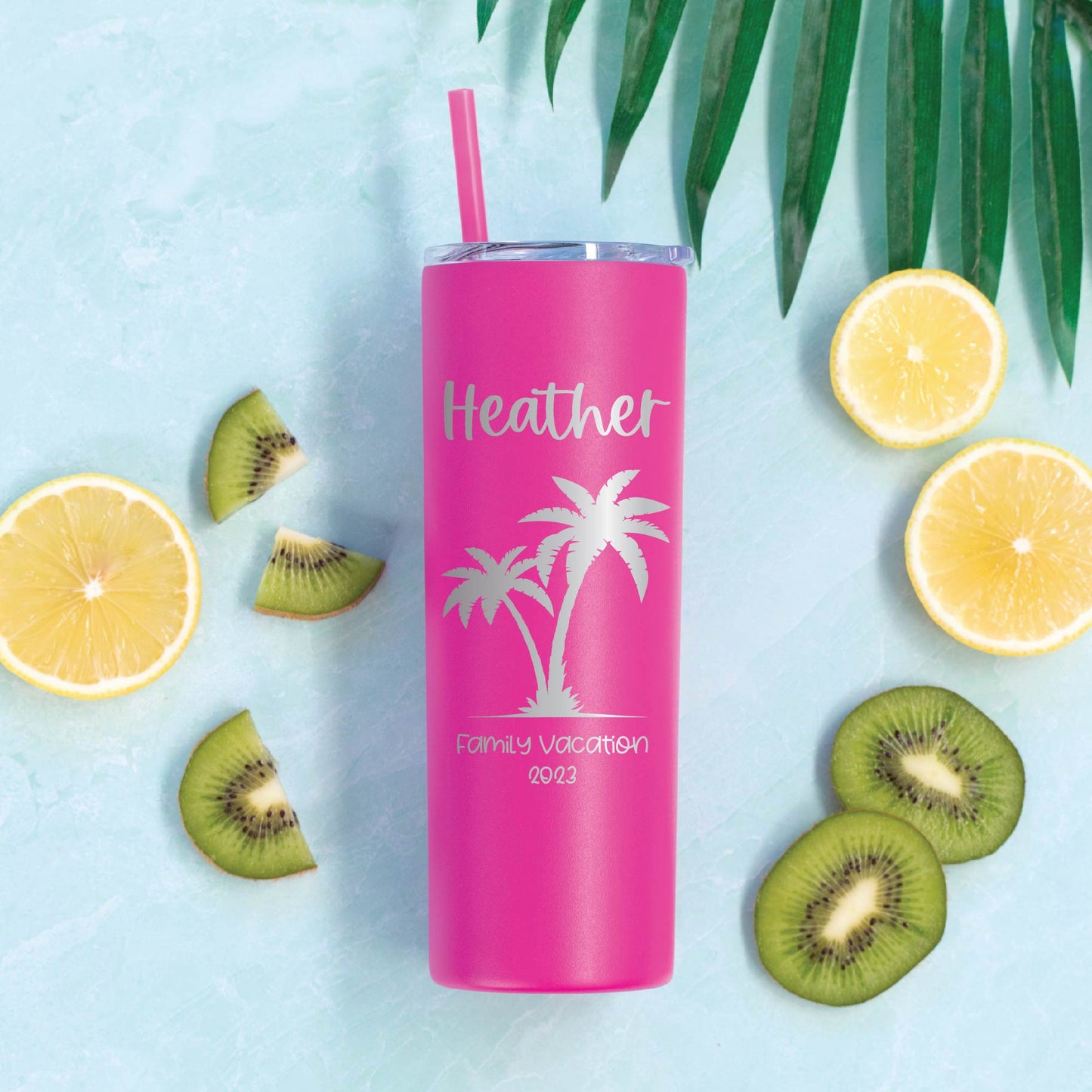 20 oz Personalized Palm Tree Vacation Tumbler - Laser Engraved