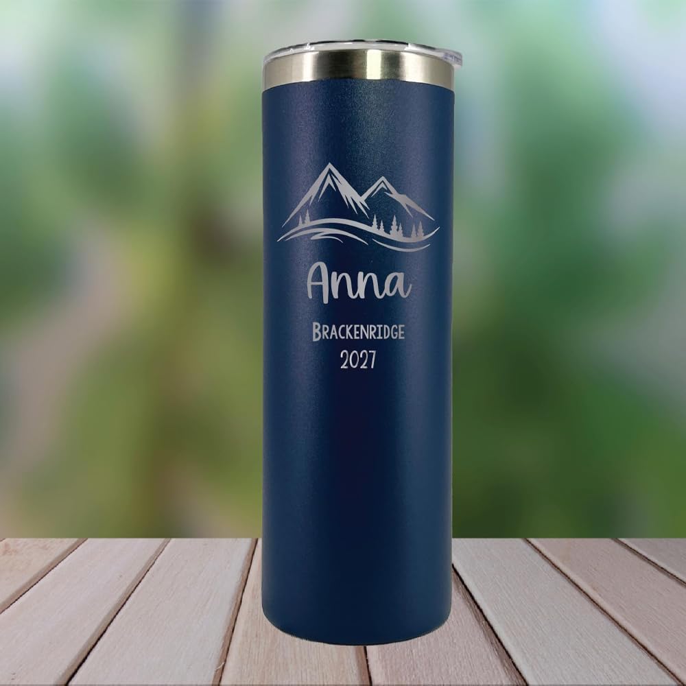 Personalized 20oz Mountain Vacation Tumbler - Laser Engraved - Stainless Steel - Vacuum Insulated - Ski Trip, Family Vacation