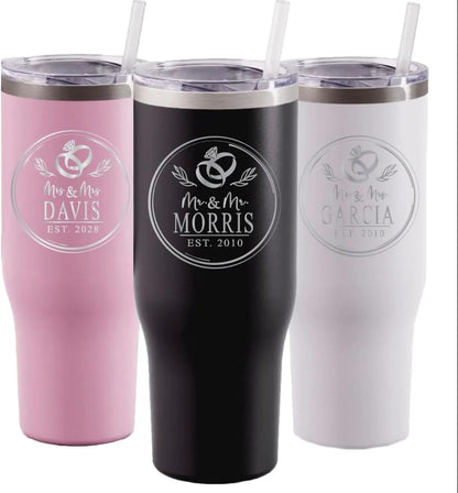 AVITO Personalized Circle Rings Tumbler - Laser Engraved - Stainless Steel - Vacuum insulated - Wedding Tumbler - Wedding Gift - Personalized Engagement Gifts - Newly Engaged (40 oz)