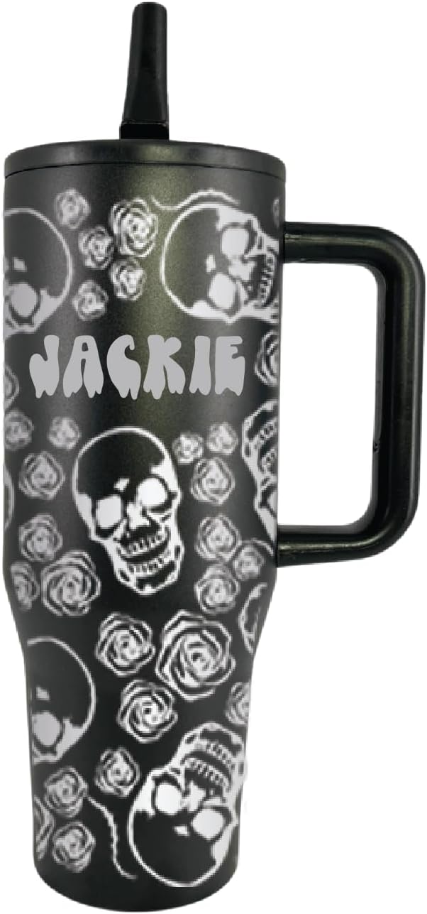 40 oz Personalized Skull and Rose Tumbler - Laser Engraved