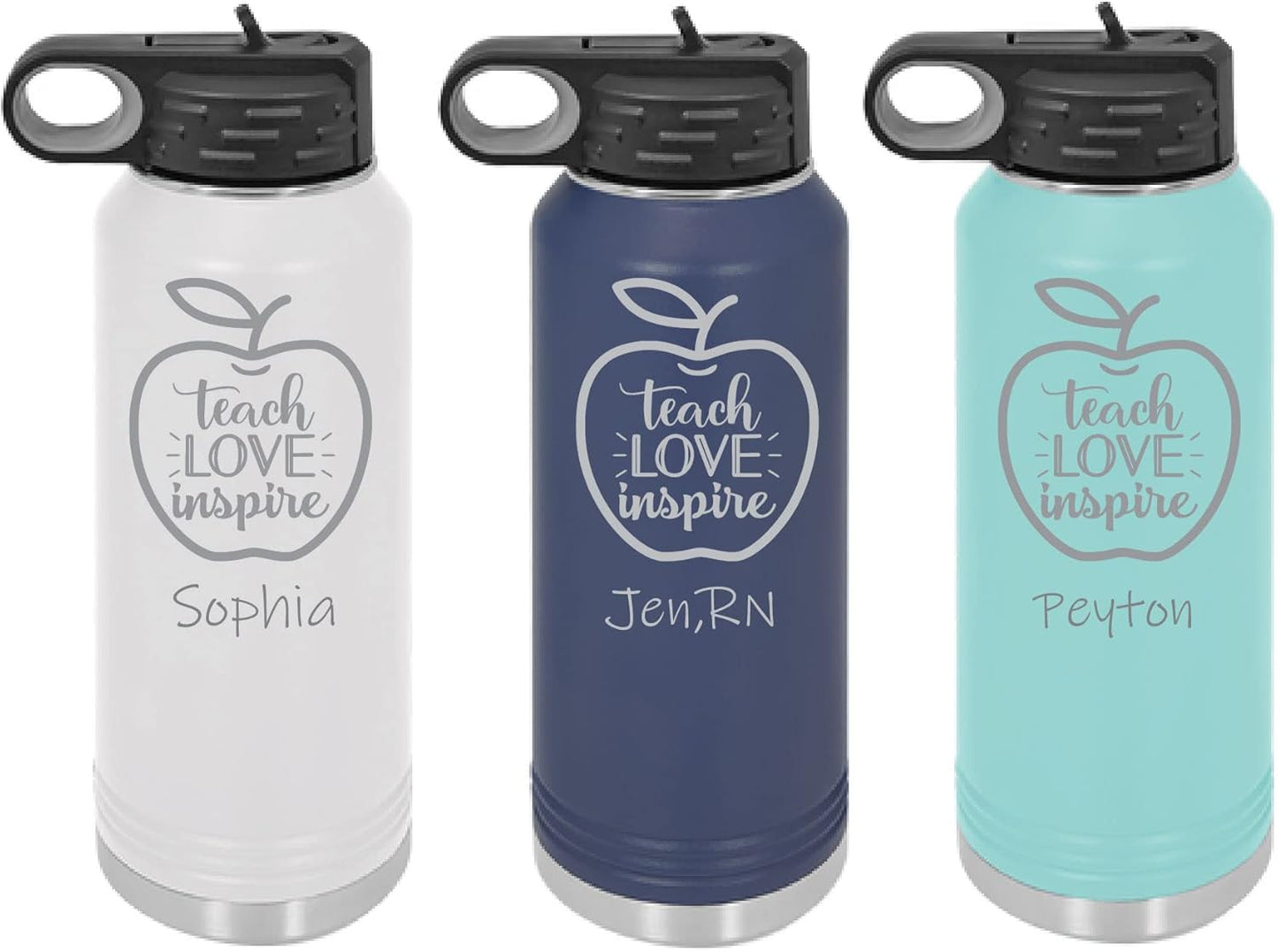 Personalized Teacher Water Bottle - 32 oz Laser Engraved Custom Teacher Gift - Insulated with Straw Top - Teacher Appreciation