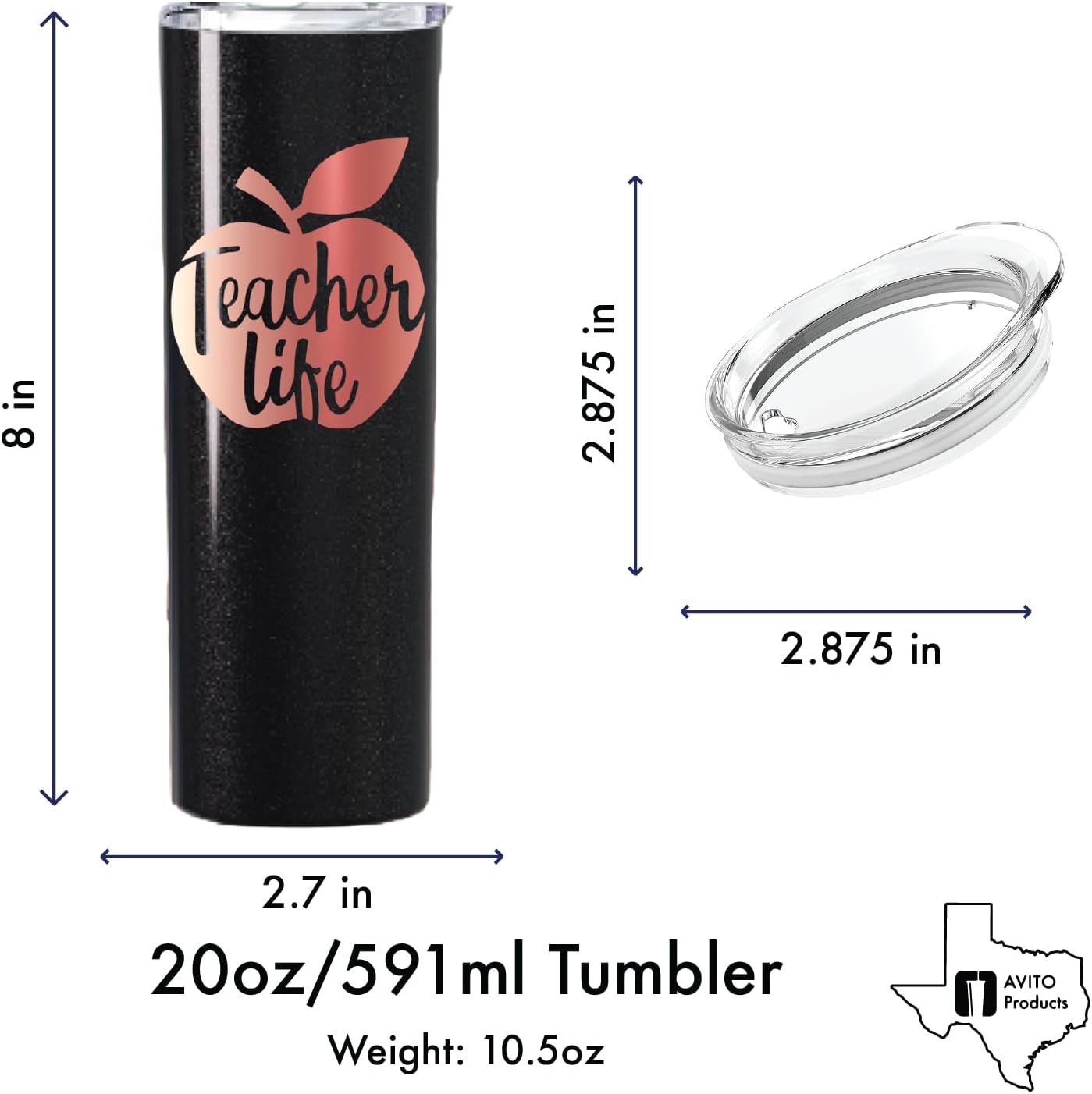 AVITO 20 oz Teacher Tumbler with Vinyl Decals - Personalized Gift for Teacher - Stainless Steel Tumbler with Lid and Straw - Gifts for Adviser - Life Tumbler