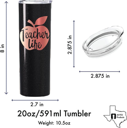 AVITO 20 oz Teacher Tumbler with Vinyl Decals - Personalized Gift for Teacher - Stainless Steel Tumbler with Lid and Straw - Gifts for Adviser - Life Tumbler