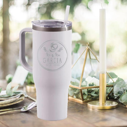 AVITO Personalized Circle Rings Tumbler - Laser Engraved - Stainless Steel - Vacuum insulated - Wedding Tumbler - Wedding Gift - Personalized Engagement Gifts - Newly Engaged (40 oz)