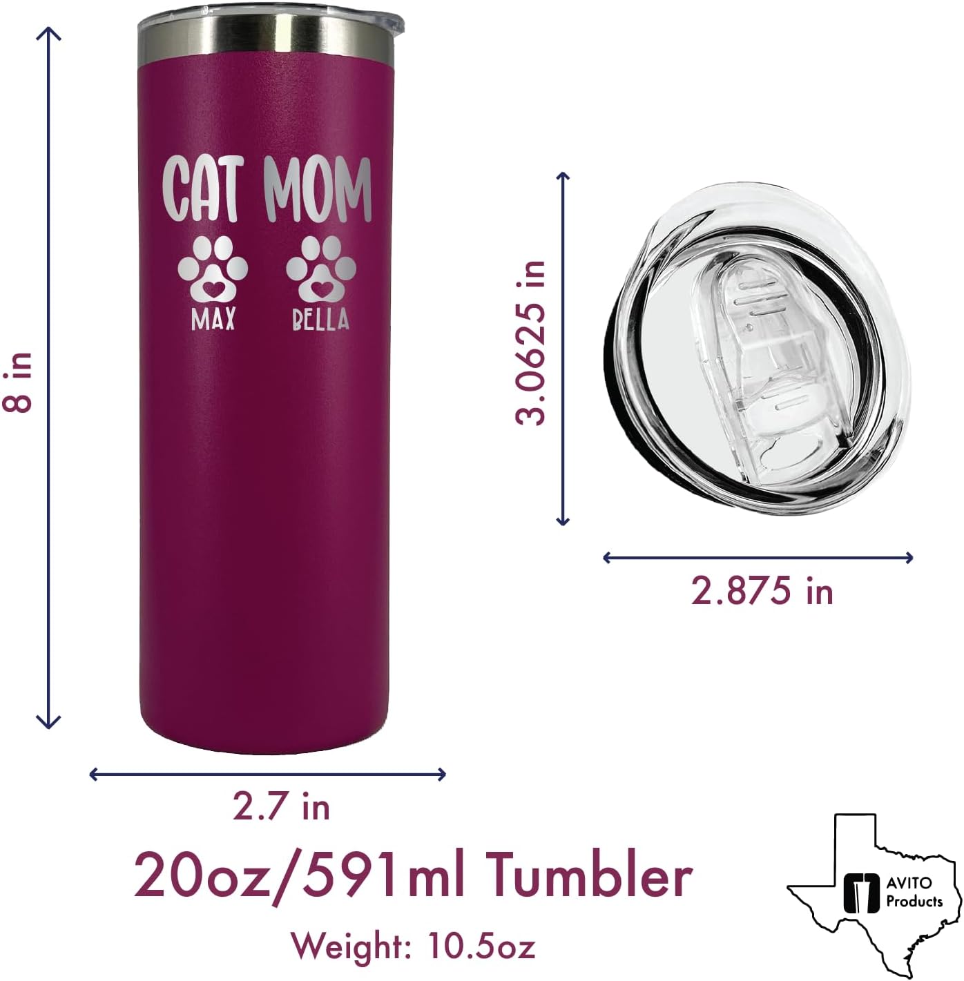 AVITO Personalized Dog Mom Tumbler - 20 oz Tumbler with Lid and Straw - Laser engraved - Stainless Steel - Vacuum Insulated - Cat Mom Gifts for Women - Fur Mama Gifts - Pet Owner Gift