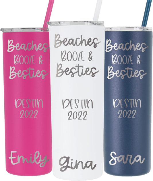 AVITO 20 oz Personalized Beach Tumbler - Laser Engraved - Girls Weekend, Girls Trip, Beaches and Besties Vacation Tumbler - Beach Cups - Insulated Tumblers