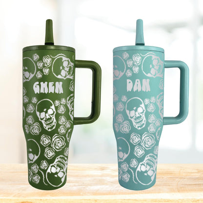 40 oz Personalized Skull and Rose Tumbler - Laser Engraved
