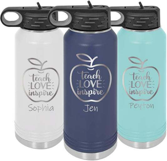 Personalized Teacher Water Bottle - 32 oz Laser Engraved Custom Teacher Gift - Insulated with Straw Top - Teacher Appreciation