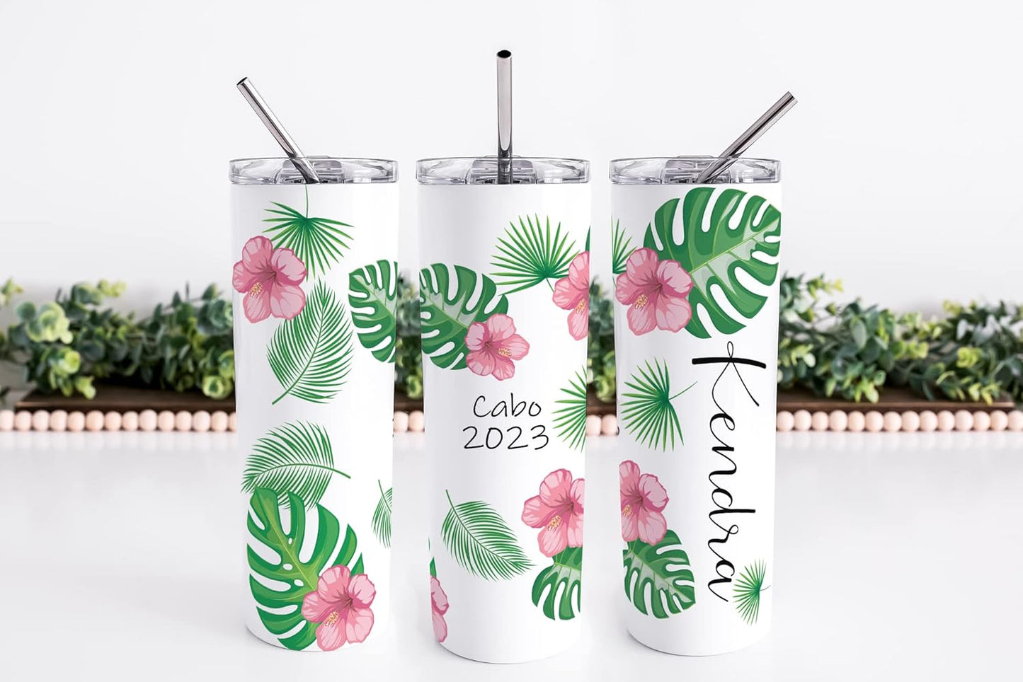 AVITO Personalized Tropical Vacation Tumbler, 20 oz Skinny Tumbler with Lid, Palm Leaf Tumblers, Beach Vacation Cup, Stainless Steel Insulated Cup, Family Vacation Cups, Travel Mug for Family Trip