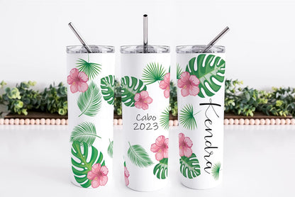 AVITO Personalized Tropical Vacation Tumbler, 20 oz Skinny Tumbler with Lid, Palm Leaf Tumblers, Beach Vacation Cup, Stainless Steel Insulated Cup, Family Vacation Cups, Travel Mug for Family Trip
