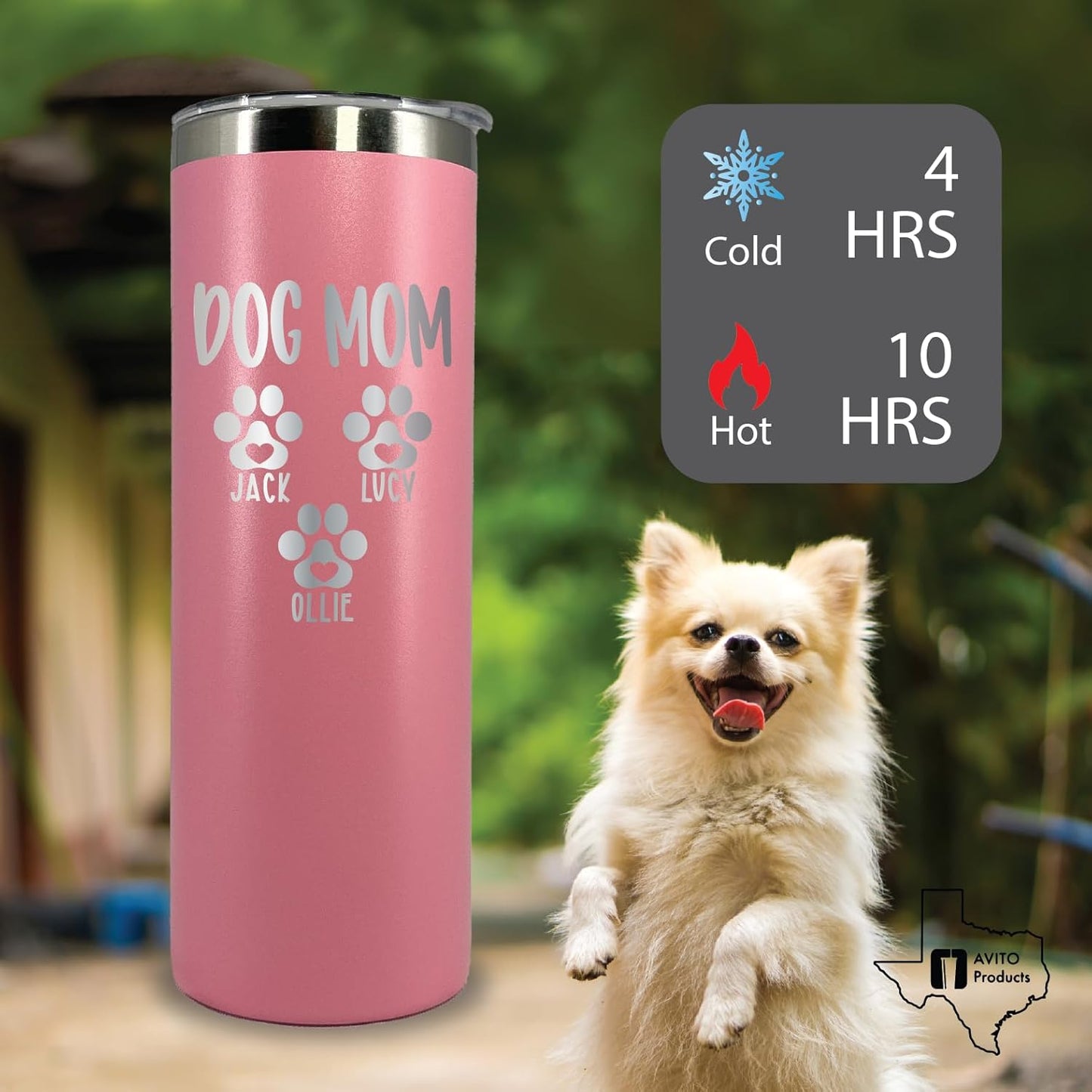 AVITO Personalized Dog Mom Tumbler - 20 oz Tumbler with Lid and Straw - Laser engraved - Stainless Steel - Vacuum Insulated - Cat Mom Gifts for Women - Fur Mama Gifts - Pet Owner Gift