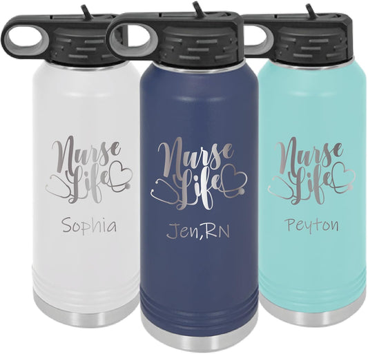 Personalized Nurse Water Bottle - 32 oz Laser Engraved Custom Nurse Gift Stainless Steel Bottle - Nursing Student, Graduation - Insulated with Straw Top