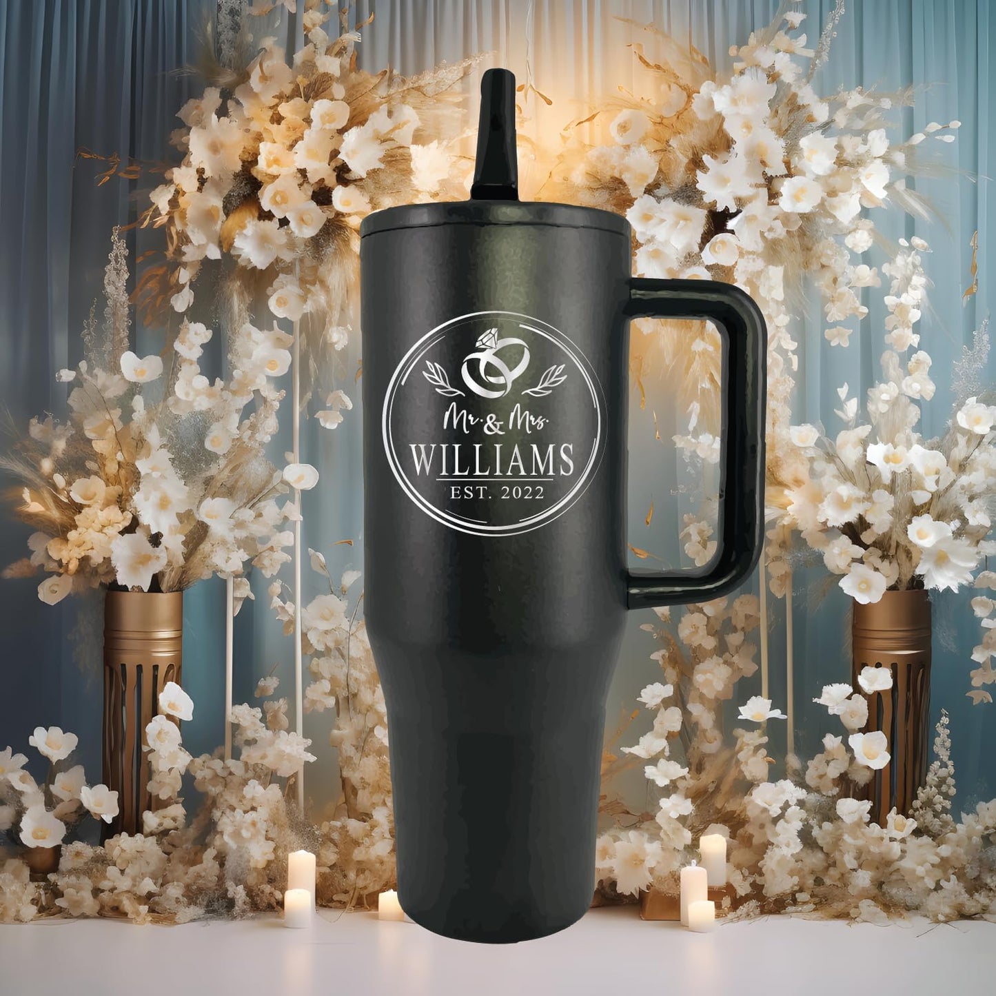 AVITO Personalized Circle Rings Tumbler - Laser Engraved - Stainless Steel - Vacuum insulated - Wedding Tumbler - Wedding Gift - Personalized Engagement Gifts - Newly Engaged (40 oz)