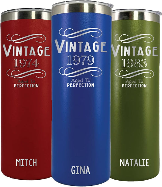 Personalized Birthday 'Vintage' 20oz Tumbler - Laser Engraved - Vacuum Insulated - Stainless Steel - Vintage Aged To Perfection