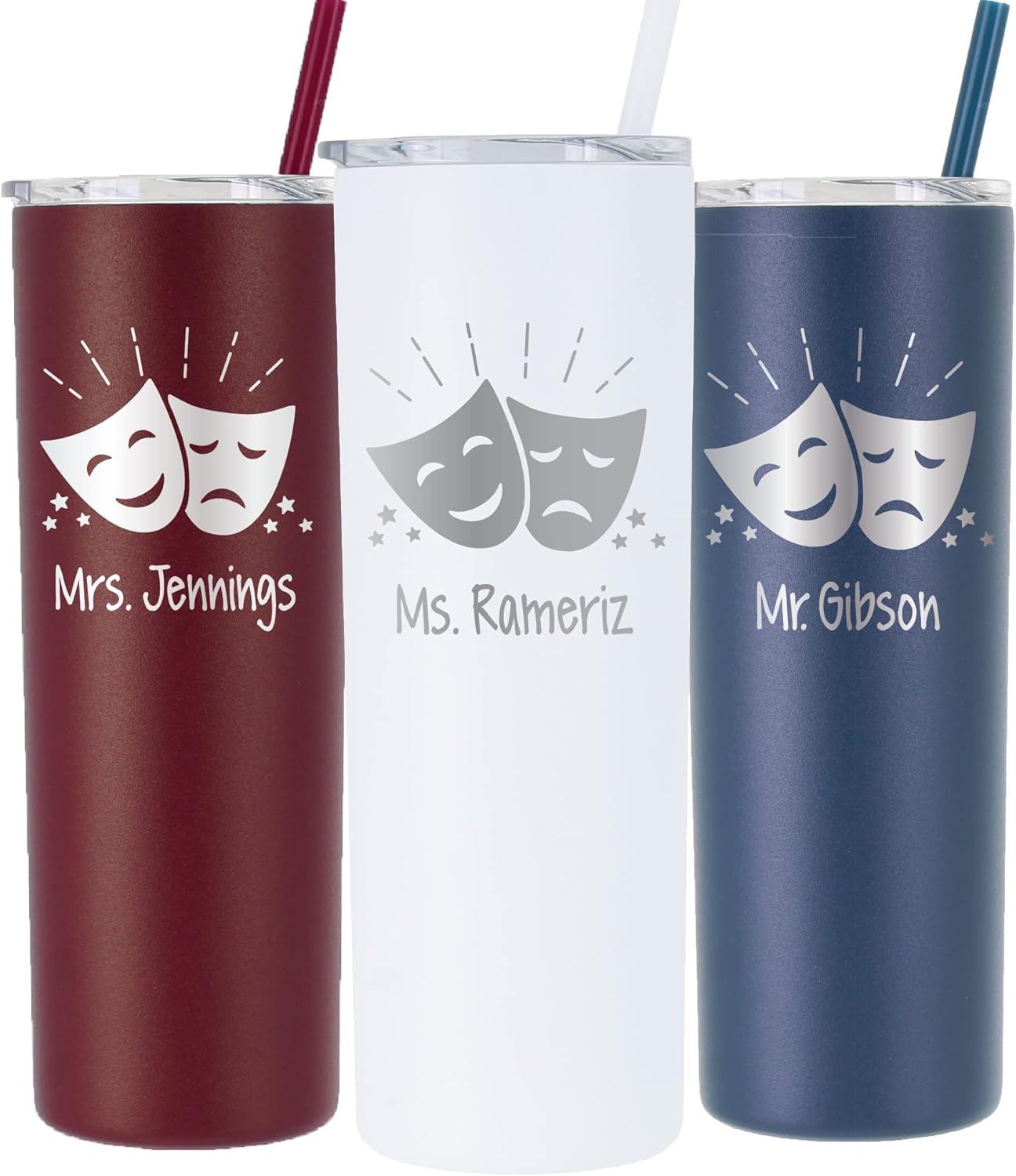 AVITO Personalized Drama Tumbler - Laser Engraved - Stainless Steel - 20 oz Tumbler with Lid and Straw - Theater Teacher Gift - Drama Club Gift