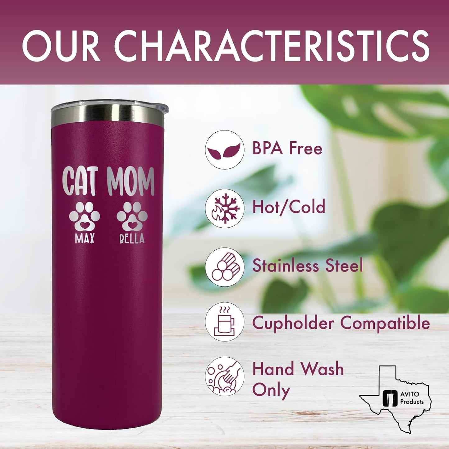 AVITO Personalized Dog Mom Tumbler - 20 oz Tumbler with Lid and Straw - Laser engraved - Stainless Steel - Vacuum Insulated - Cat Mom Gifts for Women - Fur Mama Gifts - Pet Owner Gift