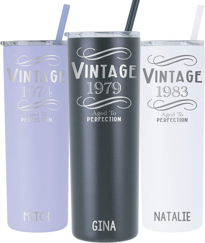 Personalized Birthday 'Vintage' 20oz Tumbler - Laser Engraved - Vacuum Insulated - Stainless Steel - Vintage Aged To Perfection