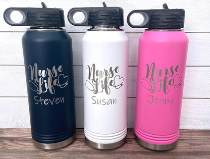 Personalized Nurse Water Bottle - 32 oz Laser Engraved Custom Nurse Gift Stainless Steel Bottle - Nursing Student, Graduation - Insulated with Straw Top