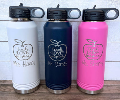Personalized Teacher Water Bottle - 32 oz Laser Engraved Custom Teacher Gift - Insulated with Straw Top - Teacher Appreciation