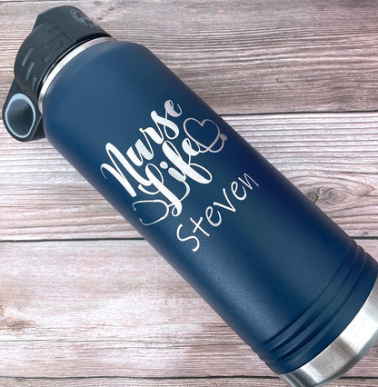 Personalized Nurse Water Bottle - 32 oz Laser Engraved Custom Nurse Gift Stainless Steel Bottle - Nursing Student, Graduation - Insulated with Straw Top