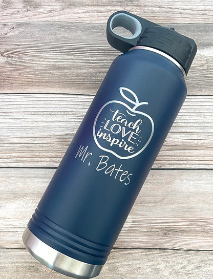 Personalized Teacher Water Bottle - 32 oz Laser Engraved Custom Teacher Gift - Insulated with Straw Top - Teacher Appreciation