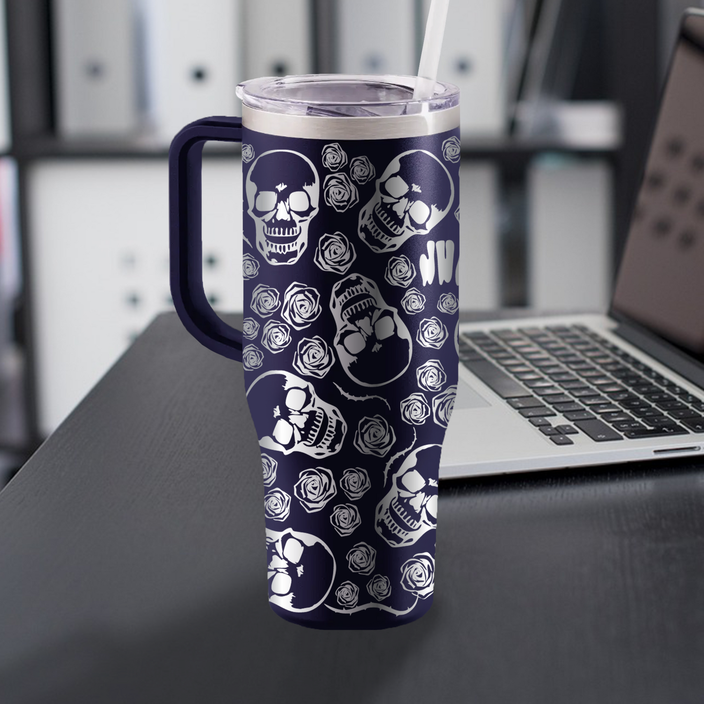 40 oz Personalized Skull and Rose Tumbler - Laser Engraved