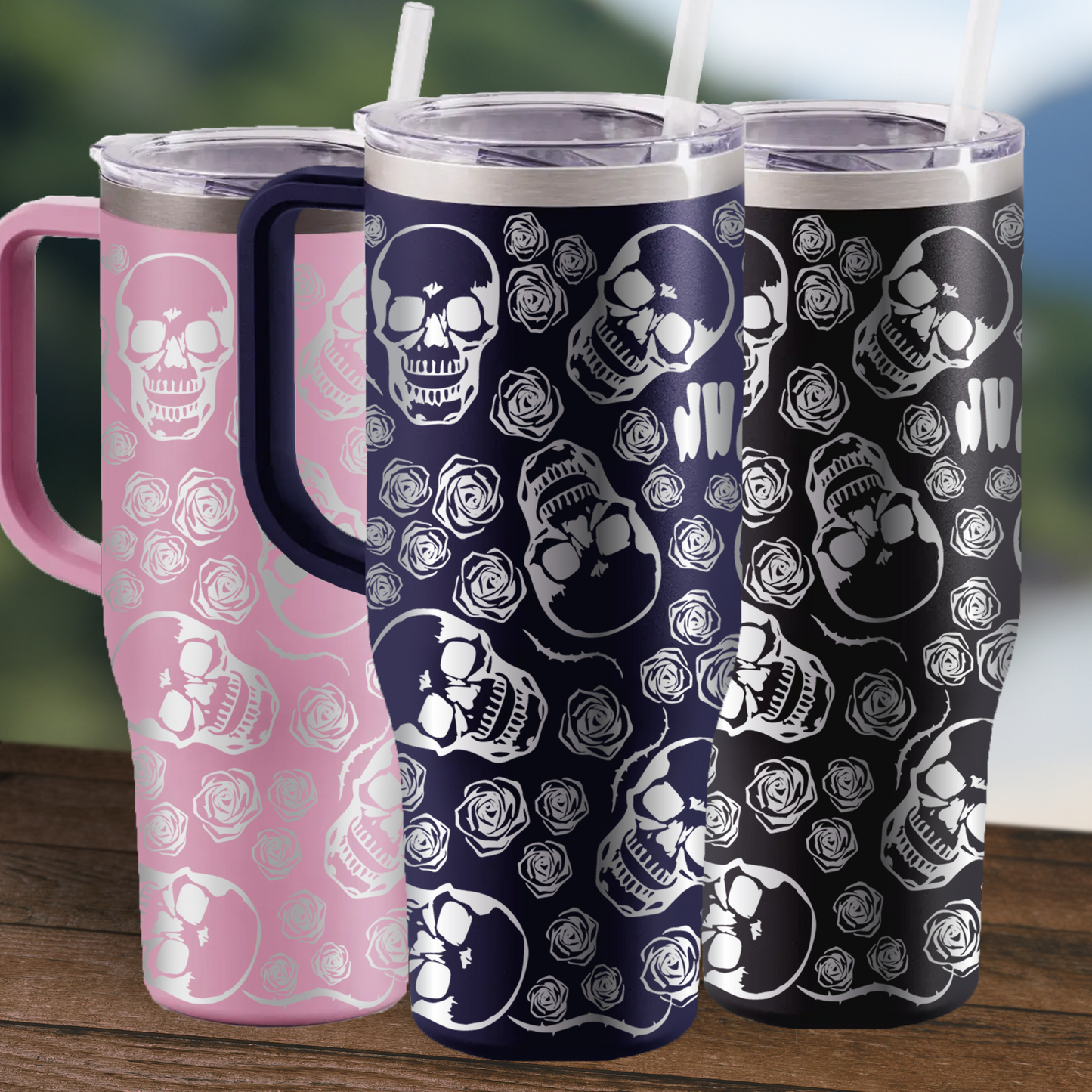 40 oz Personalized Skull and Rose Tumbler - Laser Engraved