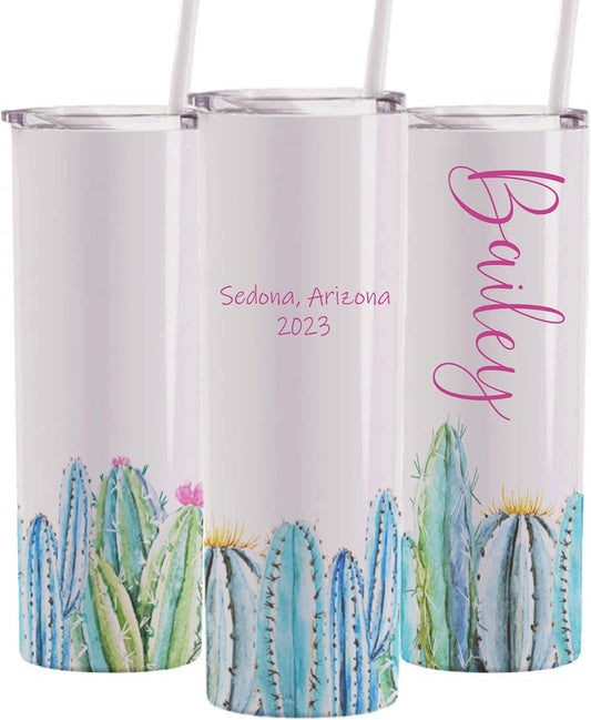 Personalized Cactus Tumbler, 20 oz Skinny Tumbler - Vacuum Insulated, Cactus Bachelorette Party, Family Vacation Tumbler, Girls Trip Cup, Custom Bridesmaid