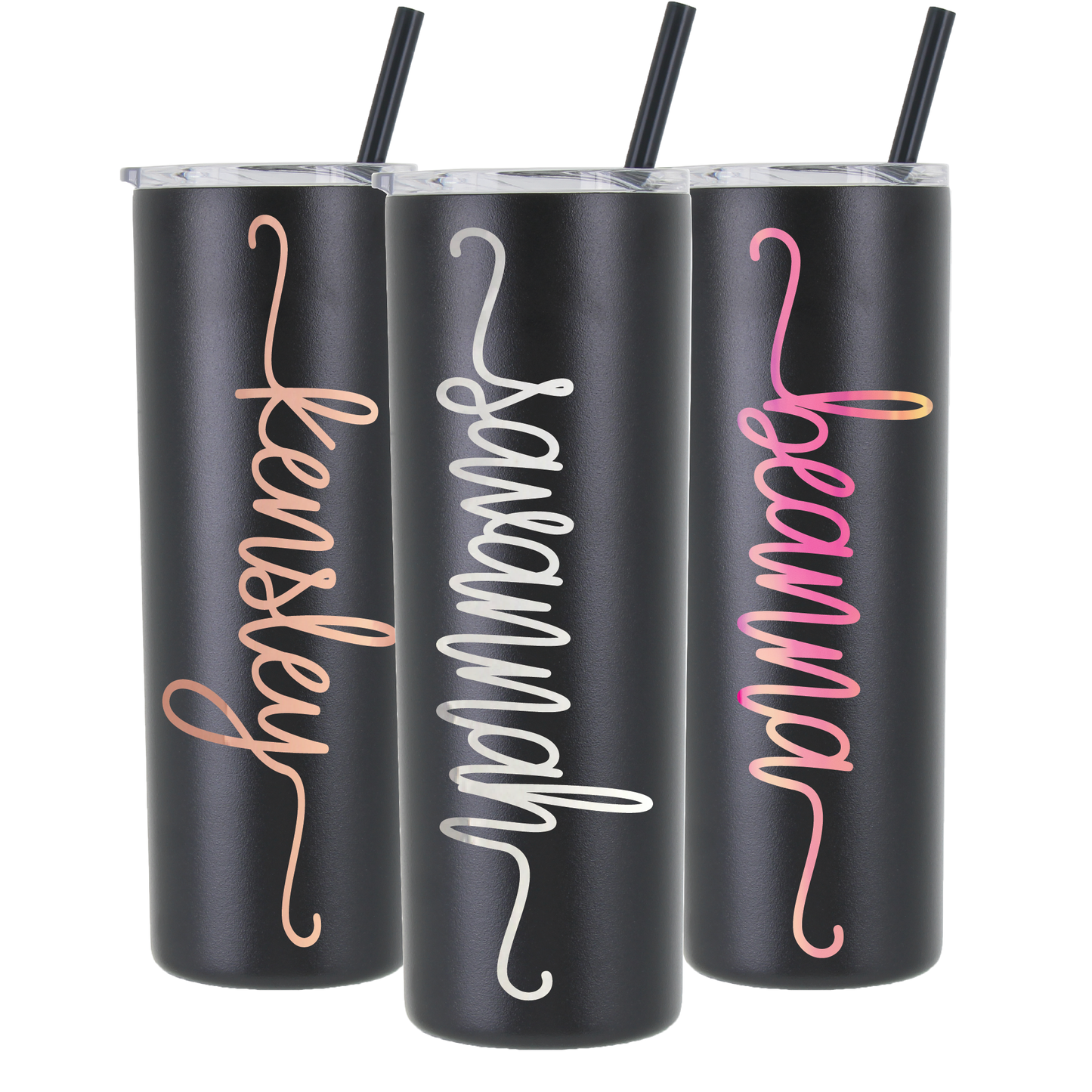 20 oz Stainless Steel Skinny Tumbler with Personalized Swirl Name Decal in Opal or Chrome Vinyl