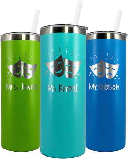 AVITO Personalized Drama Tumbler - Laser Engraved - Stainless Steel - 20 oz Tumbler with Lid and Straw - Theater Teacher Gift - Drama Club Gift